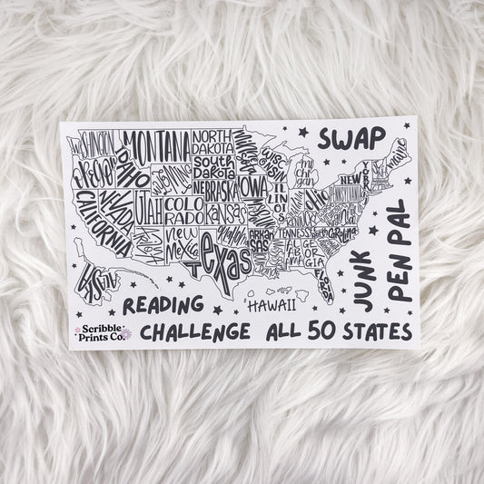 USA Challenge Map Sticker Sheet - All 50 States Reading, Swaps, Pen Pal Tracker