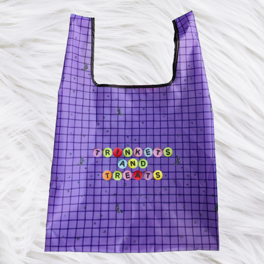 Trinkets & Treats Reusable Shopping Tote Bag | Purple Plaid Foldable Market Bag